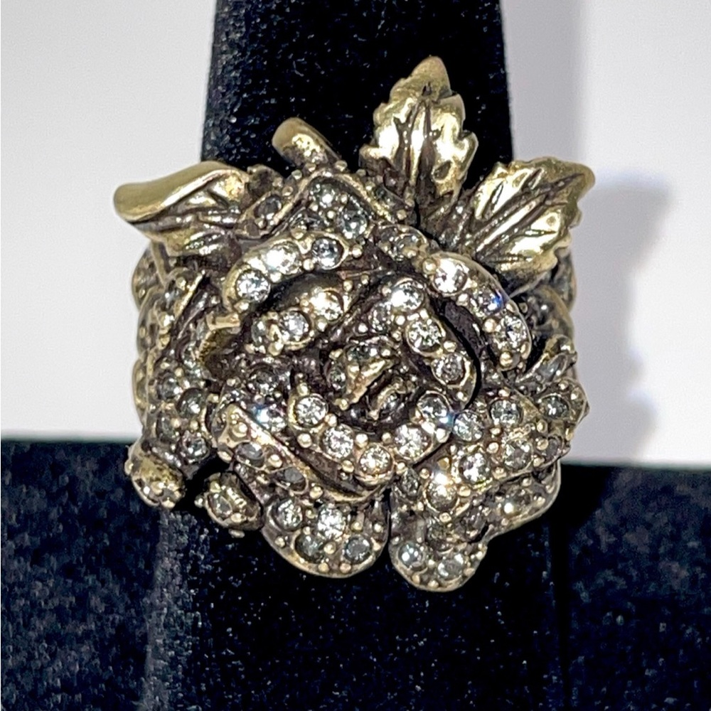 Heidi Daus Crystal Rose Ring Gold Tone Antiqued Black Finish Floral - Size 8.5 - Picture 3 of 12